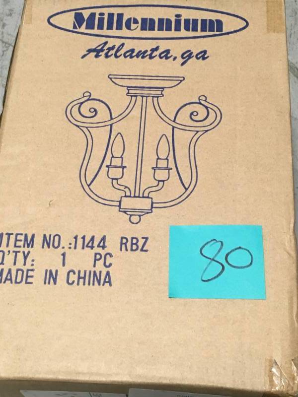 lot 80 image: Millennium Lighting 4-Light Rubbed Bronze Candle Semi-Flush Mount Light- not used