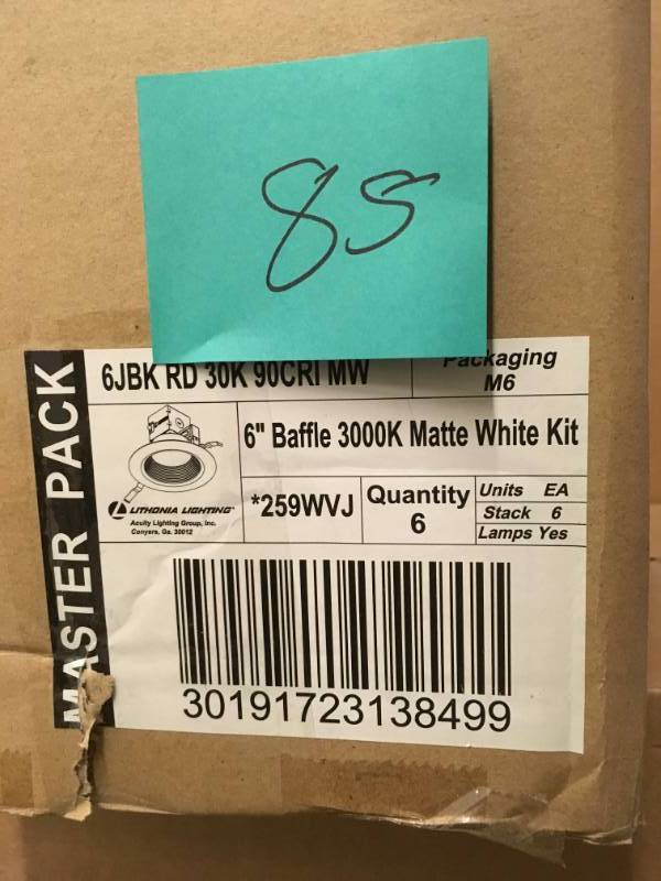 lot 85 image: Lithonia Lighting 6JBK Canless Kit 6 Baffle- not used