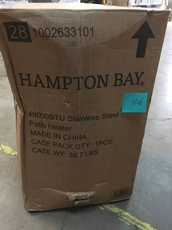 lot 106 image: Hampton Bay 48000 BTU Stainless Steel Patio Heater- not used