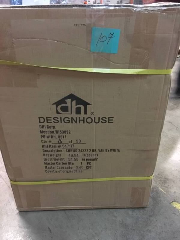 lot 107 image: Design House Ready to Assemble 24 in. x 20 in. x 33 in. Shorewood Shaker Style 2-Door Vanity Cabinet Only in White- not used