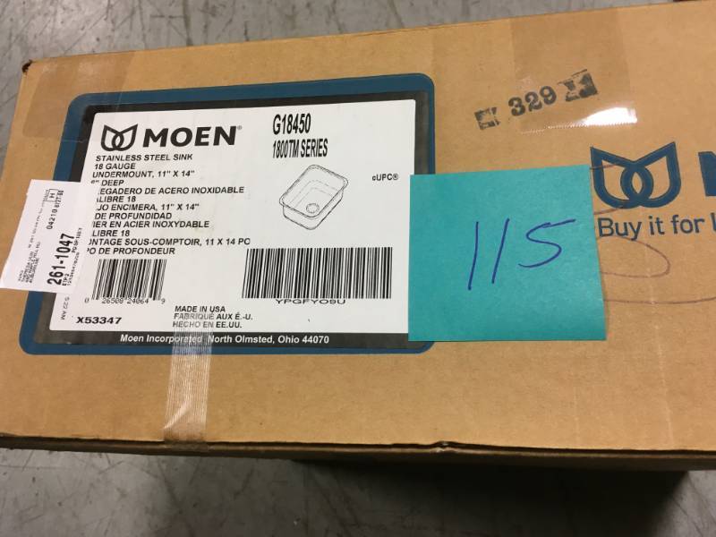 lot 115 image: MOEN 1800 Series Undermount Stainless Steel 11 in. Single Bowl Bar Sink- not used