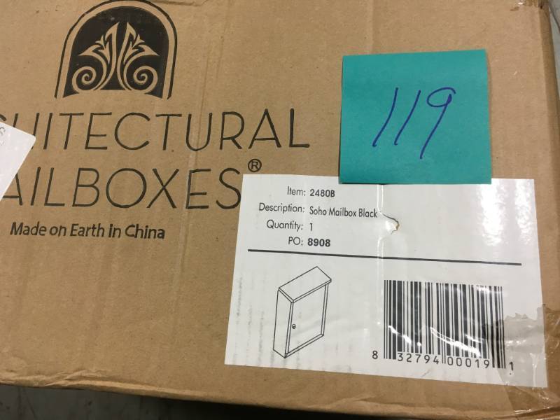 lot 119 image: Architectural Mailboxes Soho Wall-Mount Locking Mailbox- good condition