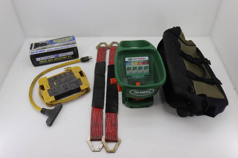 lot 56 image: Cord Splitters, Grass Seeder, Straps, Heavy Duty Bag