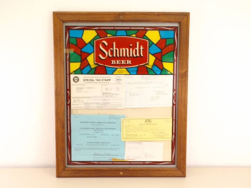 lot 14 image: Vintage Schmidt Beer Wood Framed License Display Sign