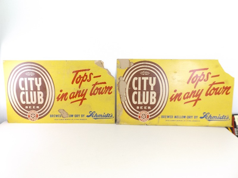 lot 25 image: 2 Vintage Schmidts City Club Beer Cardboard Signs