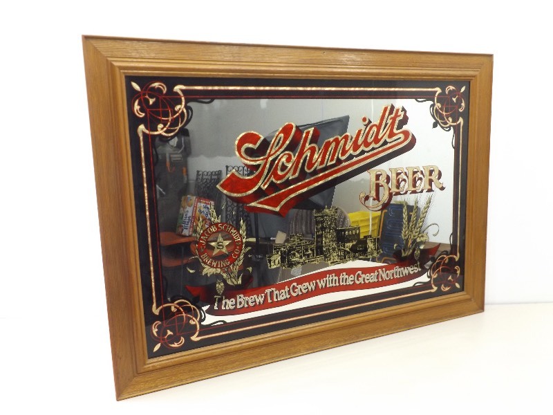 lot 28 image: LARGE Wood Framed Schmidt Beer Mirror