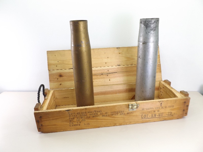 lot 42 image: Vintage Wood Ammo Crate With 90mm and 105mm Spent Shells