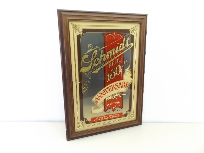 lot 64 image: Vintage Wood Framed Schmidt Beer Wall Mirror
