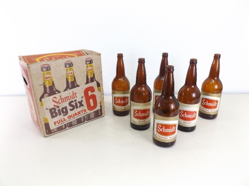 lot 73 image: Vintage Schmidt Beer Big 6 Quart Bottles In Original Box