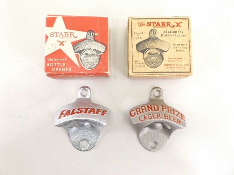 lot 80 image: Vintage NOS Falstaff and Grand Prize Beer Starr X Bottle Openers in Original Boxes
