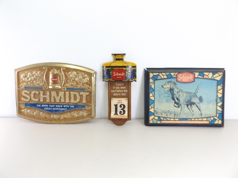 lot 88 image: 3 Vintage Schmidt Beer Embossed Signs