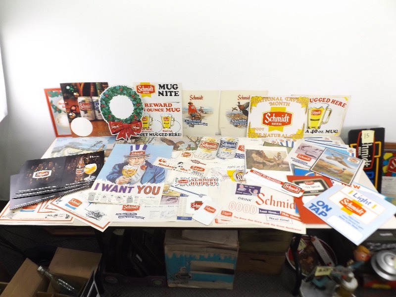 lot 130 image: Large Lot of Vintage Schmidt Beer Paper, Counter Displays, Placemats, etc.