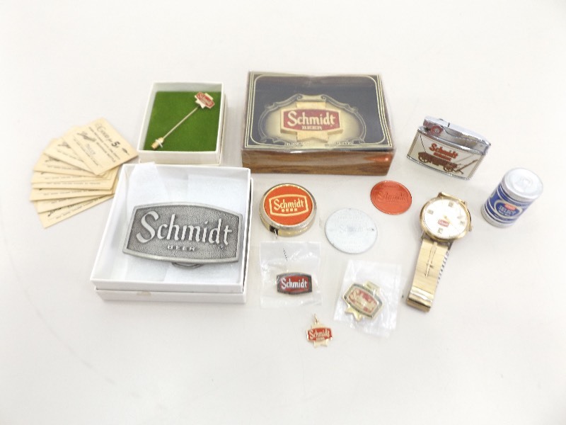 lot 137 image: Lot of Vintage Schmidt Beer Jewelry, Belt Buckles, etc.