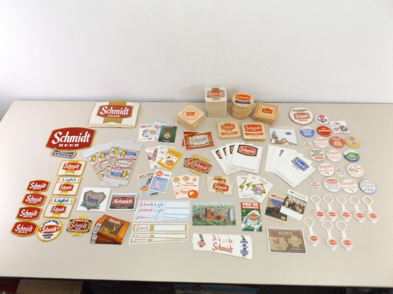 lot 138 image: Large Lot of Schmidt Beer Patches, Coasters, Stickers, etc.