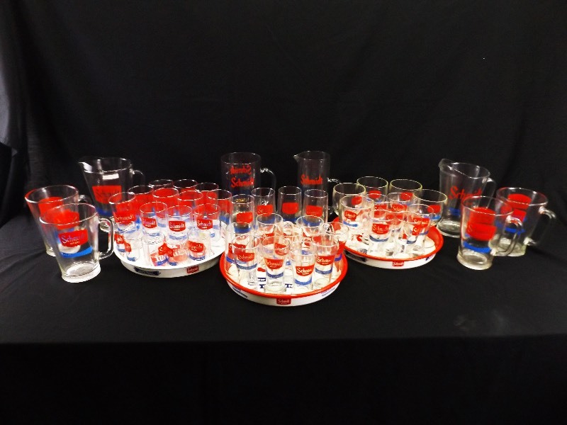 lot 153 image: 51 Piece Vintage Schmidt Beer Glassware, Pitcher, and Serving Tray Set