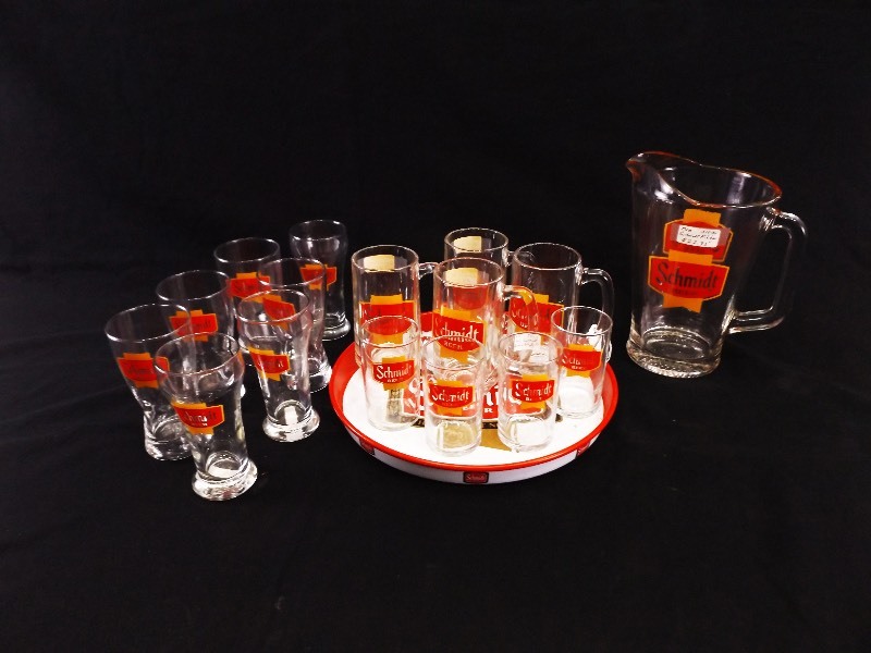 lot 155 image: 17 Piece Vintage Schmidt Beer Glassware, Pitcher, and Serving Tray Set