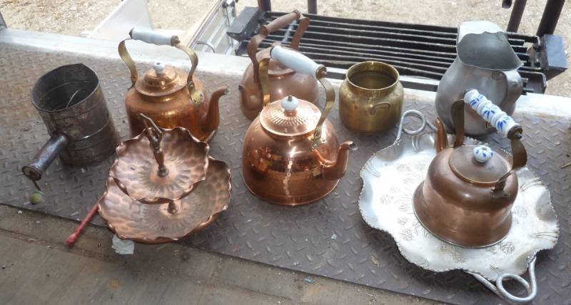 lot 37 image: group of 4 copper teapots, 2 tier t...