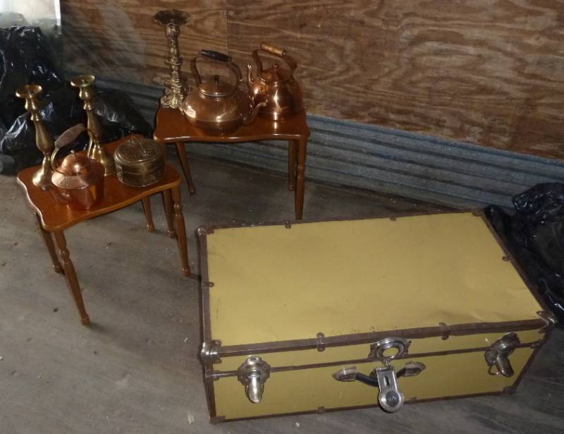 lot 39 image: Metal trunk with copper teapots, sm...