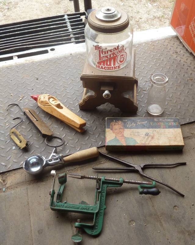 lot 42 image: Peanut jar, scales, wood carved nut...