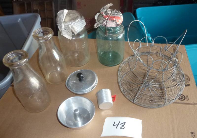 lot 48 image: Primitive wire egg basket, Ball jar...