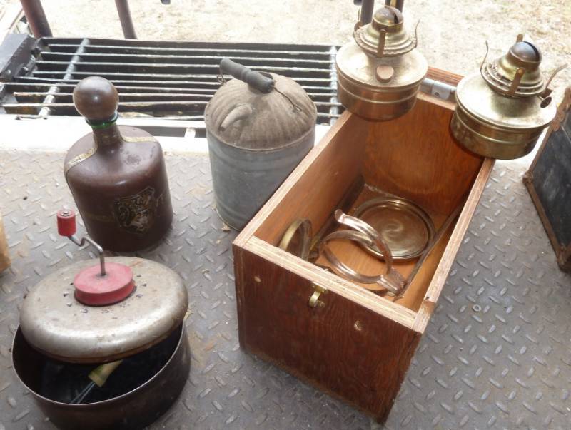 lot 65 image: vintage popcorn popper, leather cov...