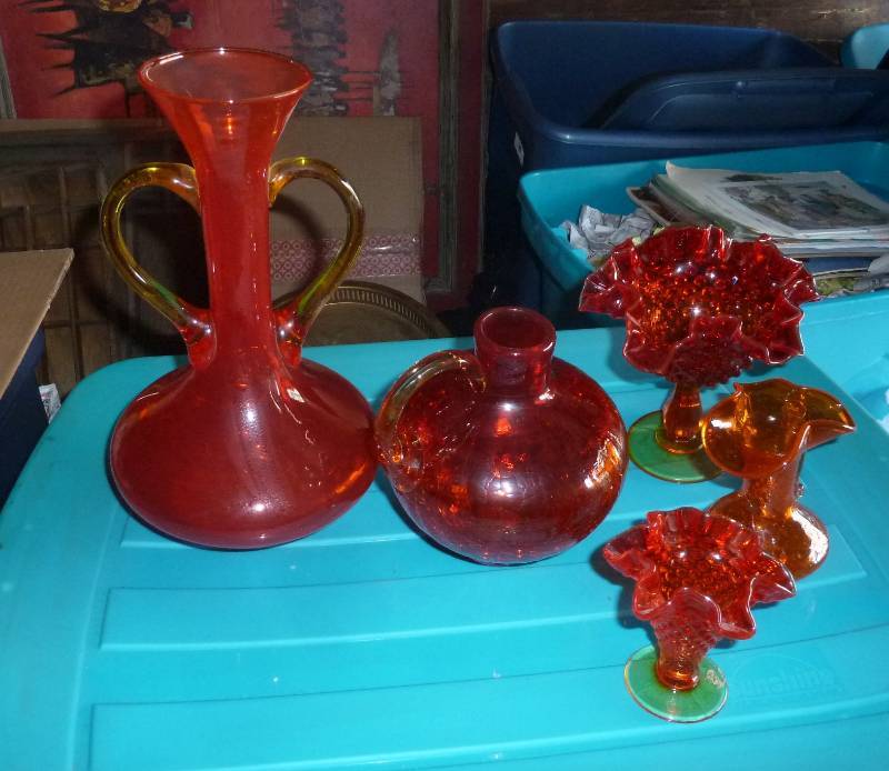 lot 66 image: Group of red glass, large vase and ...