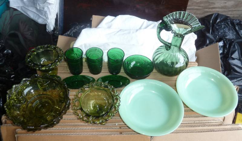 lot 69 image: Green glass group, 2 pale green Fir...