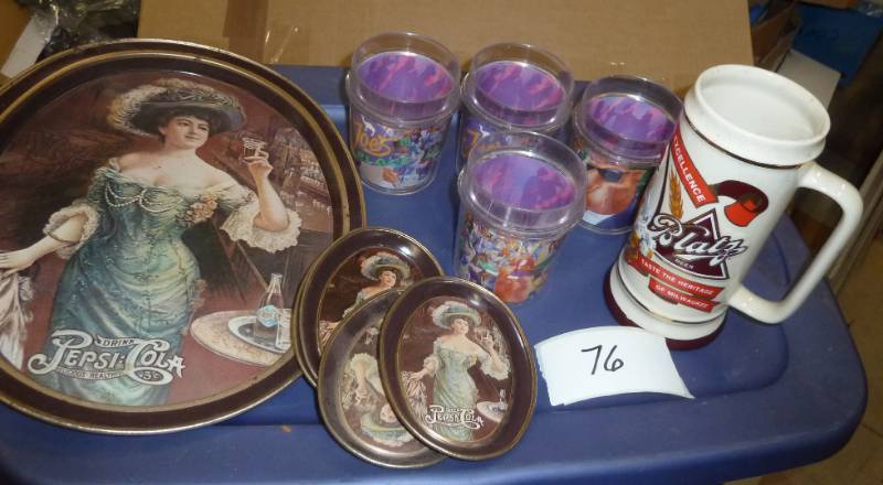 lot 76 image: Pepsi Cola tin trays, 4 Joe Camel g...
