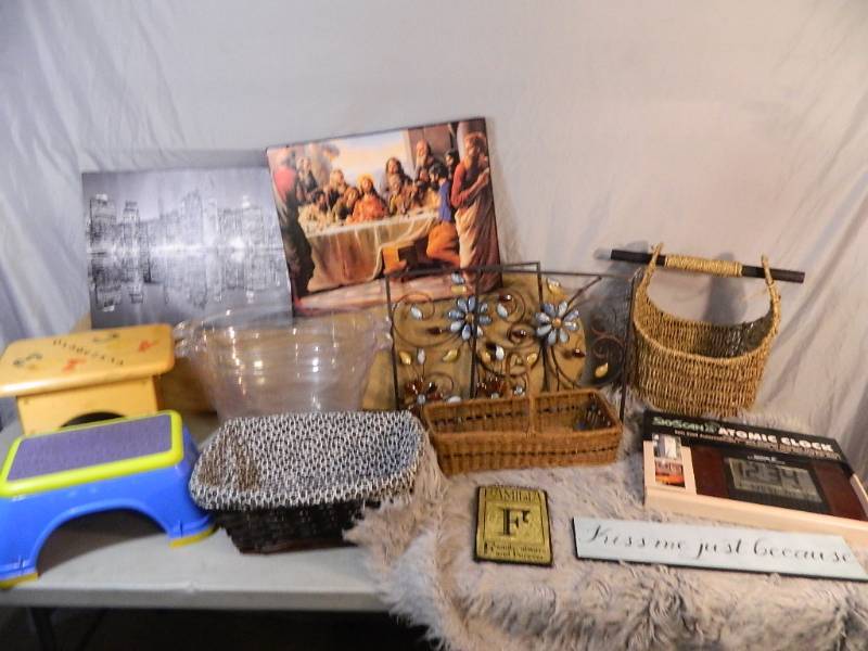lot 148 image: Rug, New Atomic Clock, Body Pillow, Stools, and More