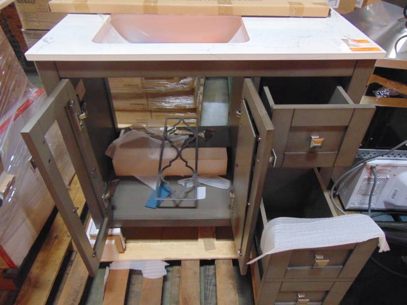 lot 26 image: allen  roth 36 in. Everdene Grey Single Sink Vanity with Carrera White Engineered Stone Top WSLW36LGV