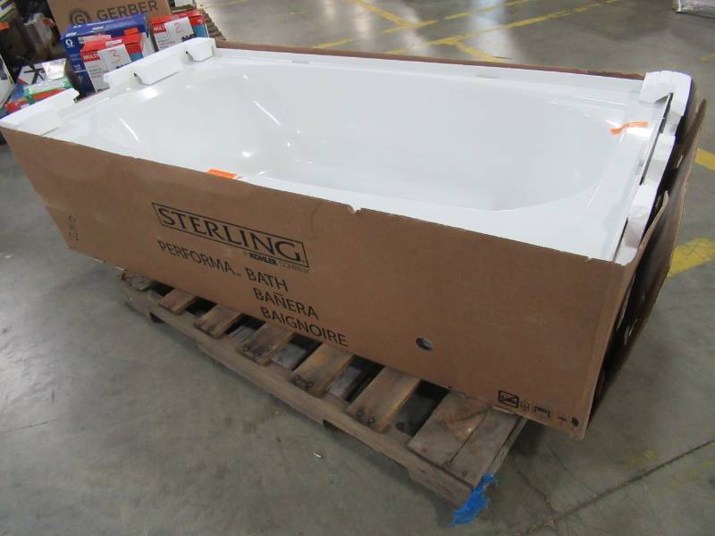 lot 229 image: Sterling Performa 60-in White Vikrell Rectangular Right-Hand Drain Alcove Bathtub - Cracked Back RH Side Top Corner