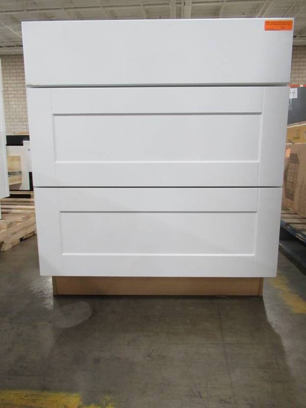 lot 238 image: Hampton Bay Shaker Assembled 30x34.5x24 in. Pots and Pans Drawer Base Kitchen Cabinet in Satin White, KDB30-SSW - Bottom Of Back Panel Cracked (Does not affect the Integrity)