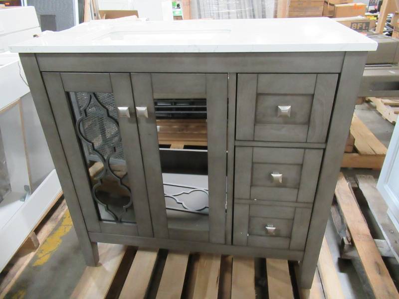 lot 244 image: allen  roth 36 in. Everdene Grey Single Sink Vanity with Carrera White Engineered Stone Top