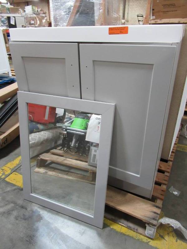 lot 247 image: Glacier Bay Eldridge 30.5 in. W x 18.75 in. D Bath Vanity in Gray with Colorpoint Vanity Top in White with White Sink and Mirror - Cracked Upper Door Brace.