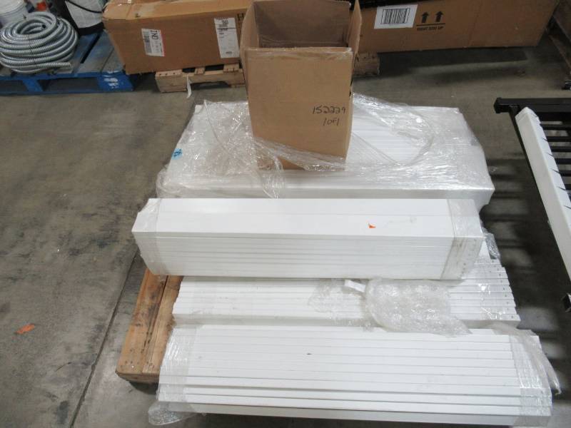 lot 264 image: Pallet of White Vinyl Pickets For Privacy Fence Kit (Kit Manufacturer Unknown) Also included are picket caps and post caps.