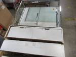 lot 386 image: WIRED STANDING TALL RETAIL DISPLAY CABINET WITH DOUBLE STORAGE DRAWERS - Missing Lighted Canopy, 2 Interior Adjustable Shelves and Key for Drawer locks.