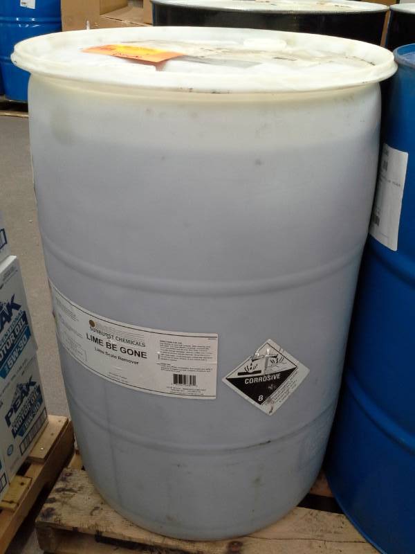 lot 4 image: 1 Plastic Drum of Sunburst Chemicals Lime Be Gone Lime Scale Remover 55-Gallon