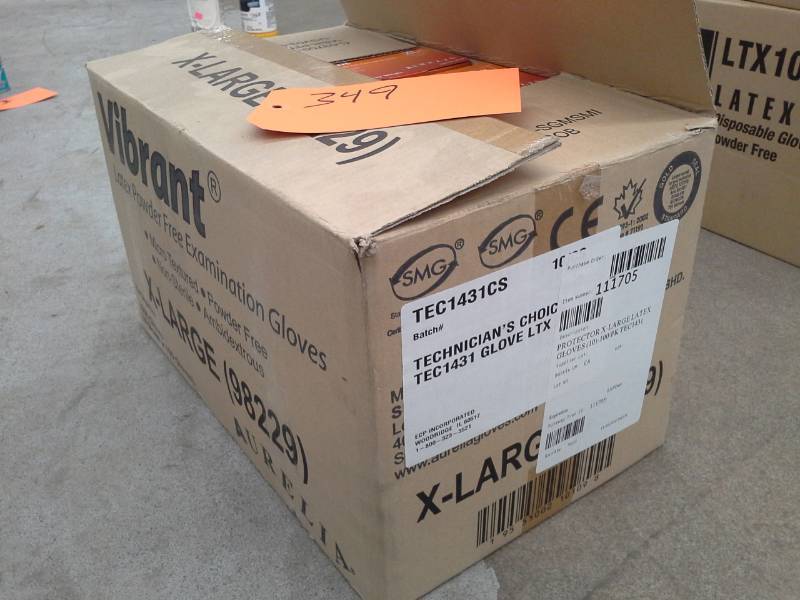 lot 349 image: 1 Partial Case of Vibrant Powder Free Disposable Latex Gloves X-Large 98229 8 Boxes x 100
