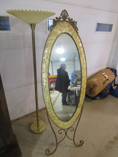 lot 332 image: UNIQUE CHEVAL MIRROR WITH BRASS FINISH FLOOR LAMP