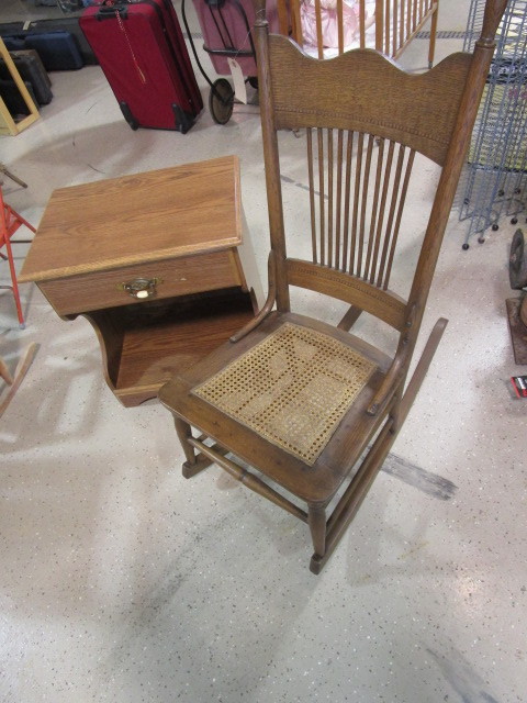 lot 336 image: OAK ROCKER WITH CANE SEAT AND AN END TABLE