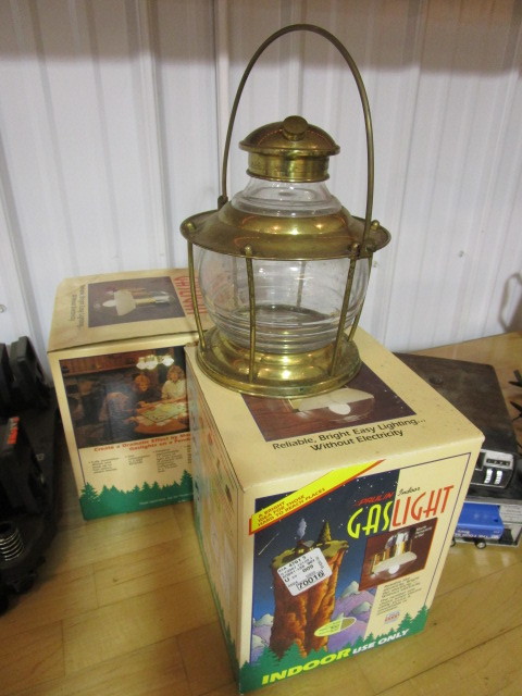 lot 398 image: INDOOR PROPANE GAS LIGHTS AND A BRASS AND GLASS LANTERN