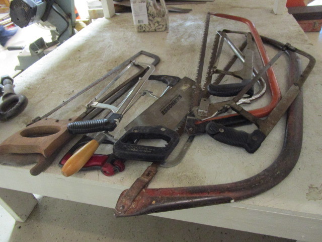 lot 409 image: OLD HACK SAWS, COPING SAWS, BOW SAWS AND MORE