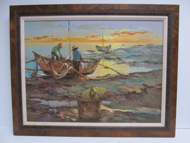 lot 29 image: Vintage Mid Century Oil on Canvas Fishing Scene Painting