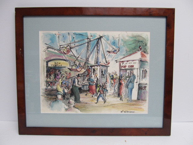 lot 30 image: Framed Signed Kimberly Havens Carnival Scene Original Watercolor Painting