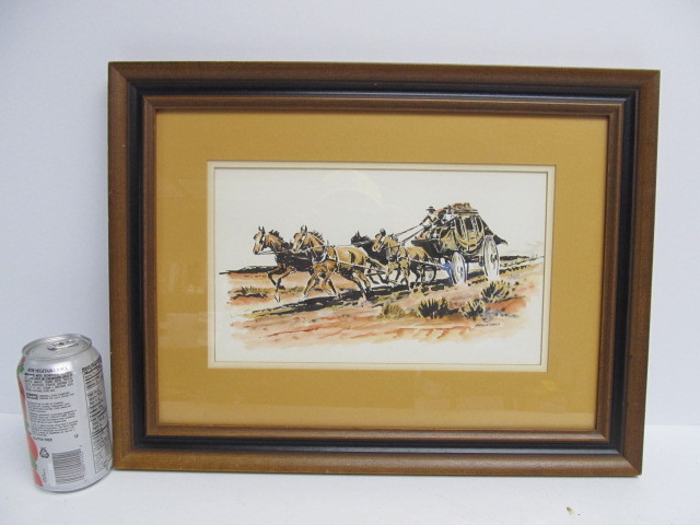 lot 31 image: Framed Signed AL MARTIN NAPOLETANO Western Stagecoach Scene Watercolor & Ink Painting