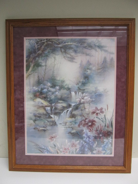 lot 32 image: Framed Signed Numbered LENA LIU Oriental Pond Garden Scene
