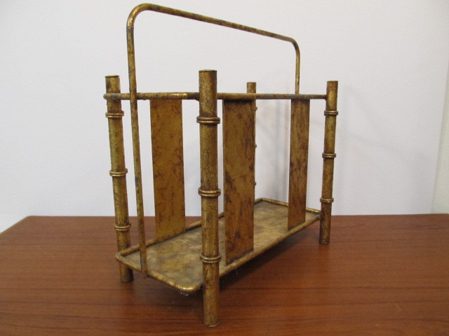 lot 49 image: Vintage Mid Century Hollywood Regency Faux Bamboo Metal Magazine Rack