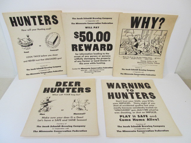 lot 53 image: Group of 5 Original 1940s50s JACOB SCHMIDT Brewing Company Deer Hunting Safety Posters