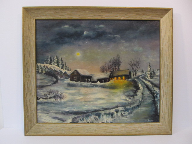 lot 81 image: Very Nice Signed 1930s Original Oil on Board Winter Farm Scene - Barn On Fire