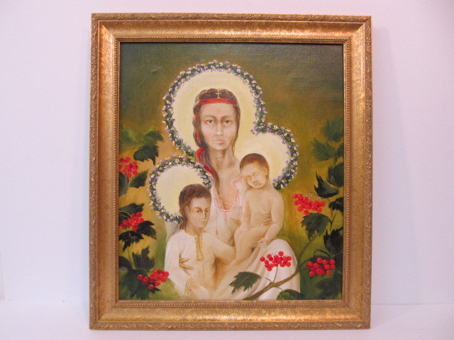 lot 82 image: Russian Folk Art Oil on Canvas Portrait Painting.